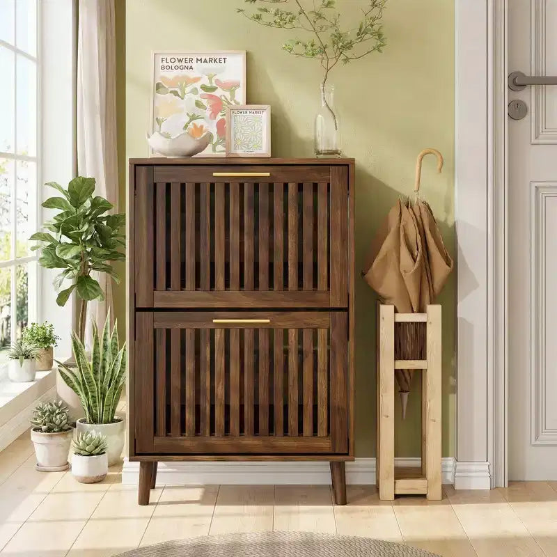 FurnitureR 23.6 Inch Walnut Shoe Cabinet, Modern Entryway Storage with 2 Flip Drawers, Fence Design, for Hallway and Corridor