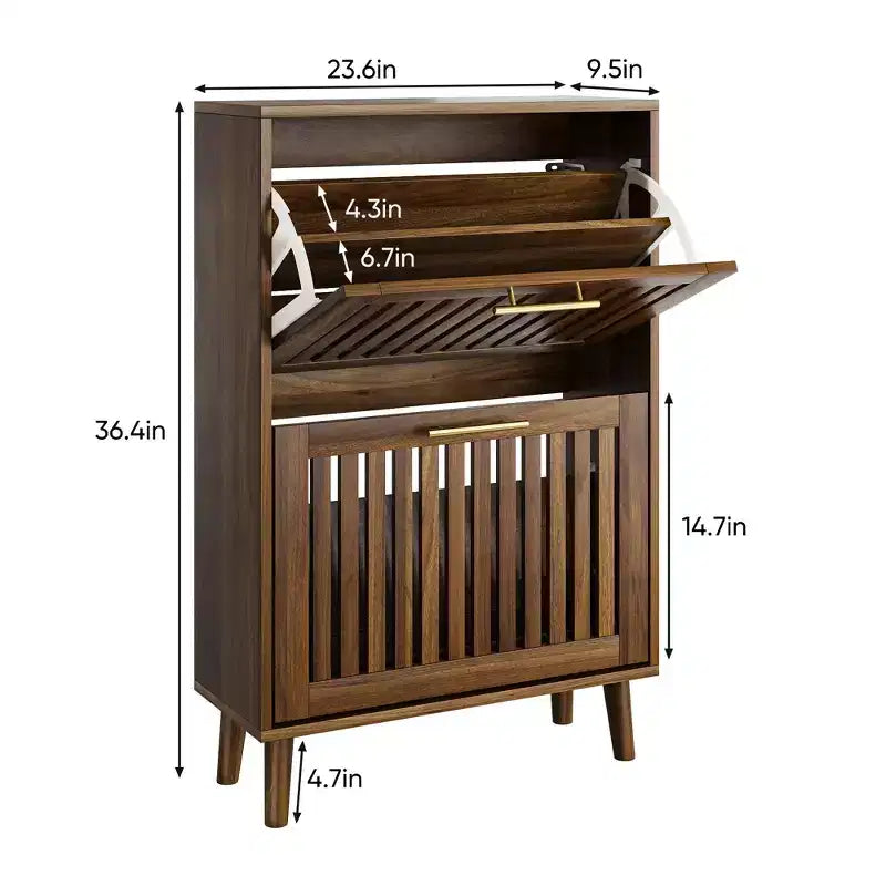 23.6 Inch Walnut Shoe Cabinet, Modern Entryway Storage with 2 Flip Drawers for Hallway and Corridor