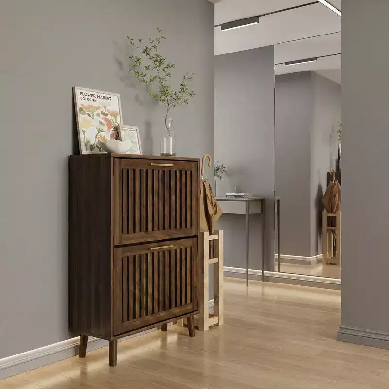 23.6 Inch Walnut Shoe Cabinet, Modern Entryway Storage with 2 Flip Drawers for Hallway and Corridor