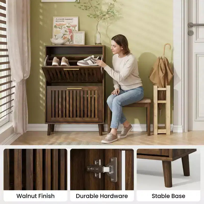 23.6 Inch Walnut Shoe Cabinet, Modern Entryway Storage with 2 Flip Drawers for Hallway and Corridor