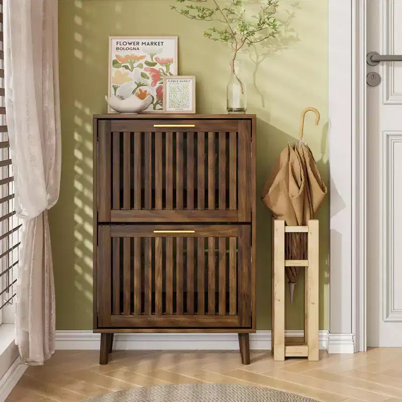 23.6 Inch Walnut Shoe Cabinet, Modern Entryway Storage with 2 Flip Drawers for Hallway and Corridor