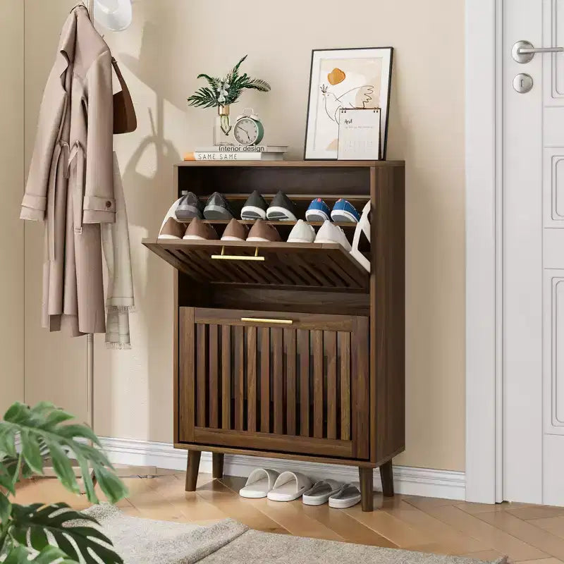 23.6 Inch Walnut Shoe Cabinet, Modern Entryway Storage with 2 Flip Drawers for Hallway and Corridor