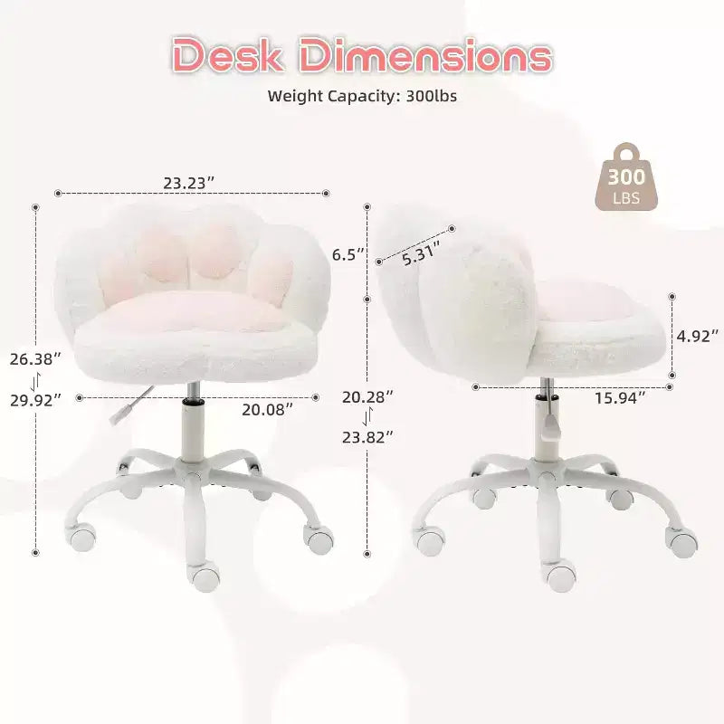Vanity Chair with Cat Paw Back, Armless Desk Chair with Wheels, 360 Rotating Computer Chair, Adjustable Height for Home Office