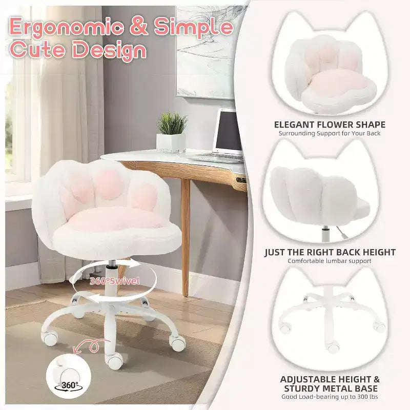 Vanity Chair with Cat Paw Back, Armless Desk Chair with Wheels, 360 Rotating Computer Chair, Adjustable Height for Home Office