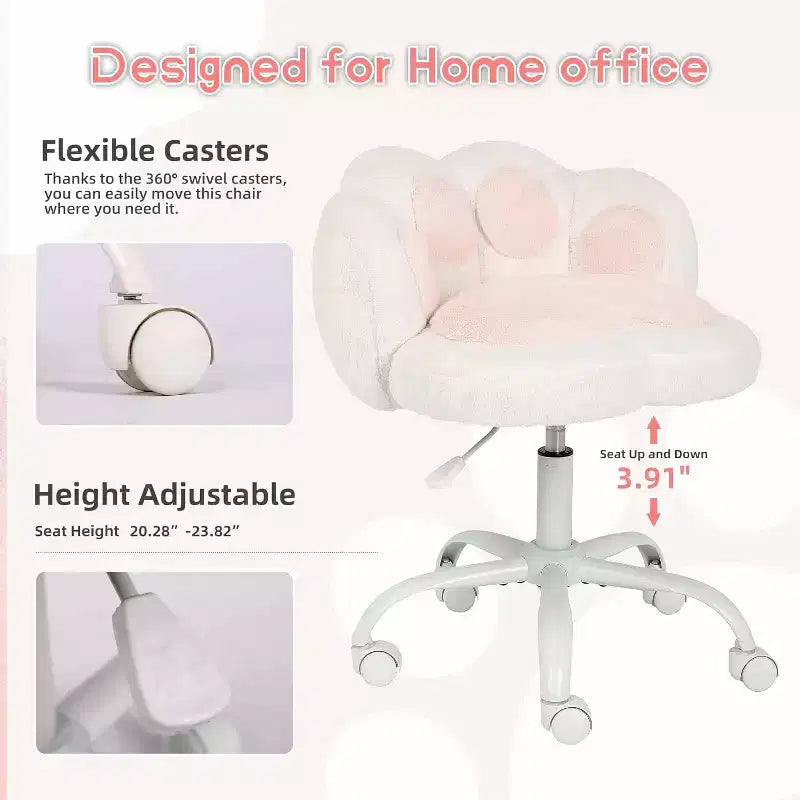 Vanity Chair with Cat Paw Back, Armless Desk Chair with Wheels, 360 Rotating Computer Chair, Adjustable Height for Home Office