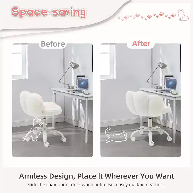 Vanity Chair with Cat Paw Back, Armless Desk Chair with Wheels, 360 Rotating Computer Chair, Adjustable Height for Home Office