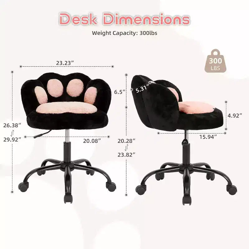 Vanity Chair with Cat Paw Back, Armless Desk Chair with Wheels, 360 Rotating Computer Chair, Adjustable Height for Home Office