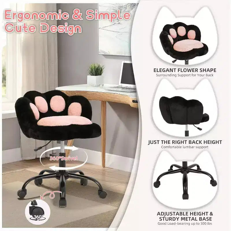 Vanity Chair with Cat Paw Back, Armless Desk Chair with Wheels, 360 Rotating Computer Chair, Adjustable Height for Home Office