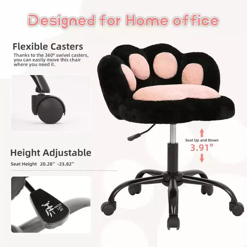 Vanity Chair with Cat Paw Back, Armless Desk Chair with Wheels, 360 Rotating Computer Chair, Adjustable Height for Home Office