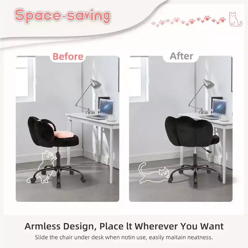 Vanity Chair with Cat Paw Back, Armless Desk Chair with Wheels, 360 Rotating Computer Chair, Adjustable Height for Home Office