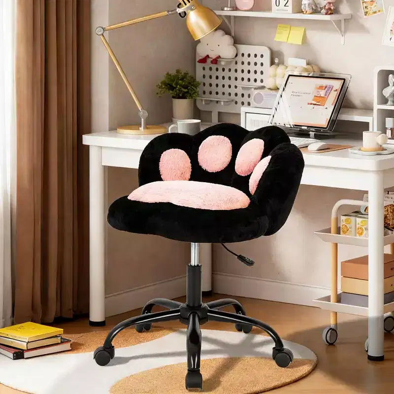 Vanity Chair with Cat Paw Back, Armless Small Desk Chair with Wheels, Teddy Fabric 360 Rotating Computer Chair, Adjustable Height for Home Office