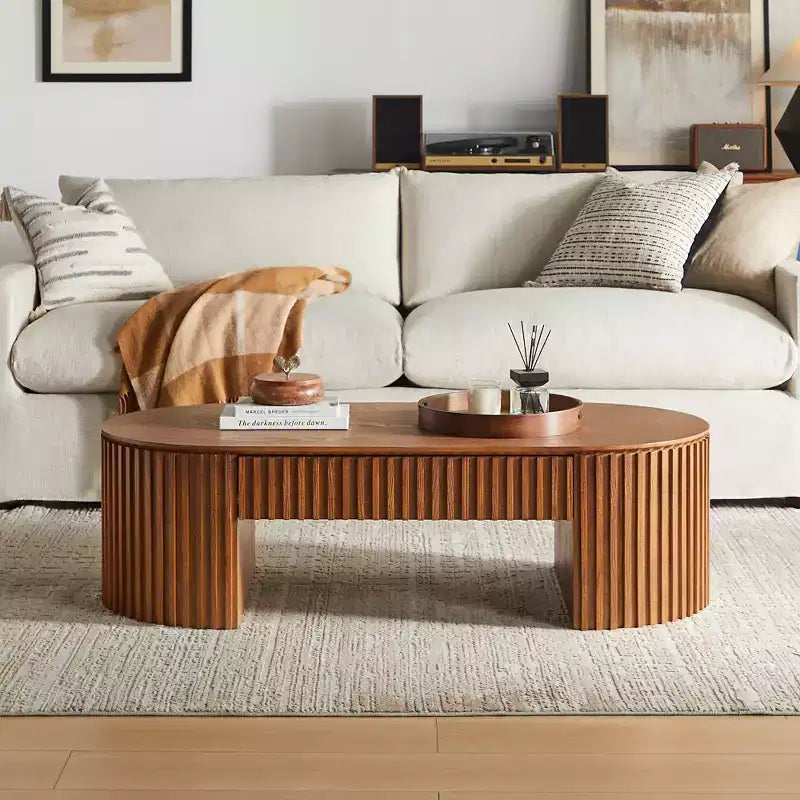 Modern Wooden Oval Pedestal Coffee Table with Drawer