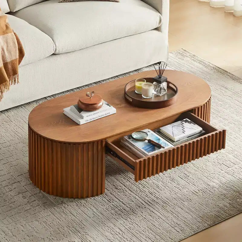 Modern Wooden Oval Pedestal Coffee Table with Drawer