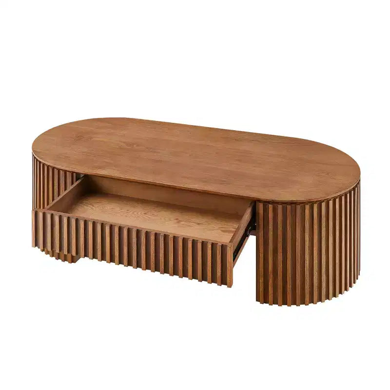 Modern Wooden Oval Pedestal Coffee Table with Drawer