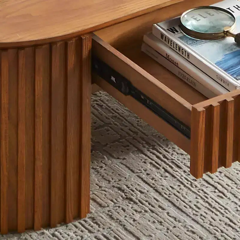 Modern Wooden Oval Pedestal Coffee Table with Drawer