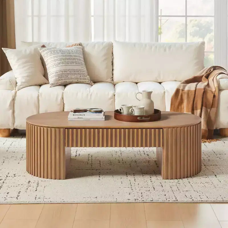 Modern Wooden Oval Pedestal Coffee Table with Drawer