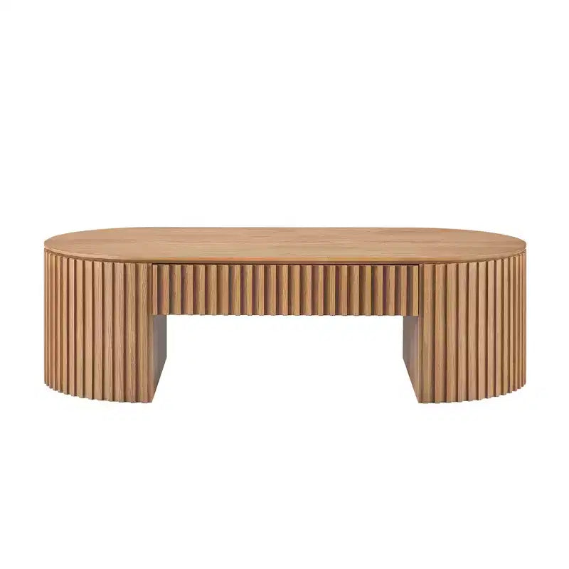 Modern Wooden Oval Pedestal Coffee Table with Drawer