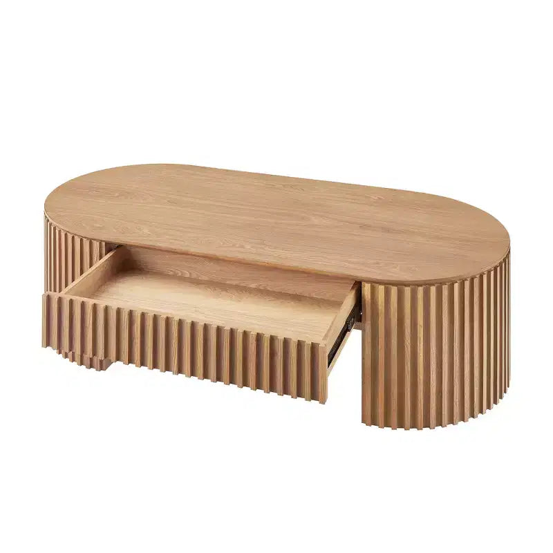 Modern Wooden Oval Pedestal Coffee Table with Drawer