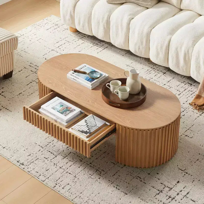 Modern Wooden Oval Pedestal Coffee Table with Drawer