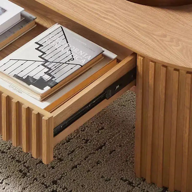Modern Wooden Oval Pedestal Coffee Table with Drawer