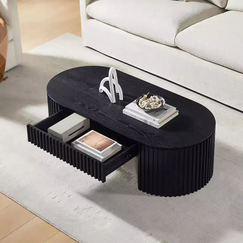 Modern Wooden Oval Pedestal Coffee Table with Drawer