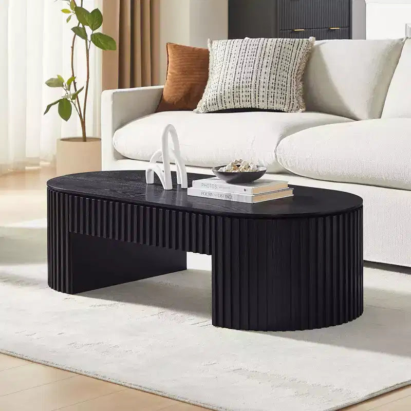 GDFStudio Manuel Modern Wooden Oval Pedestal Coffee Table with Drawer and Handcrafted Relief