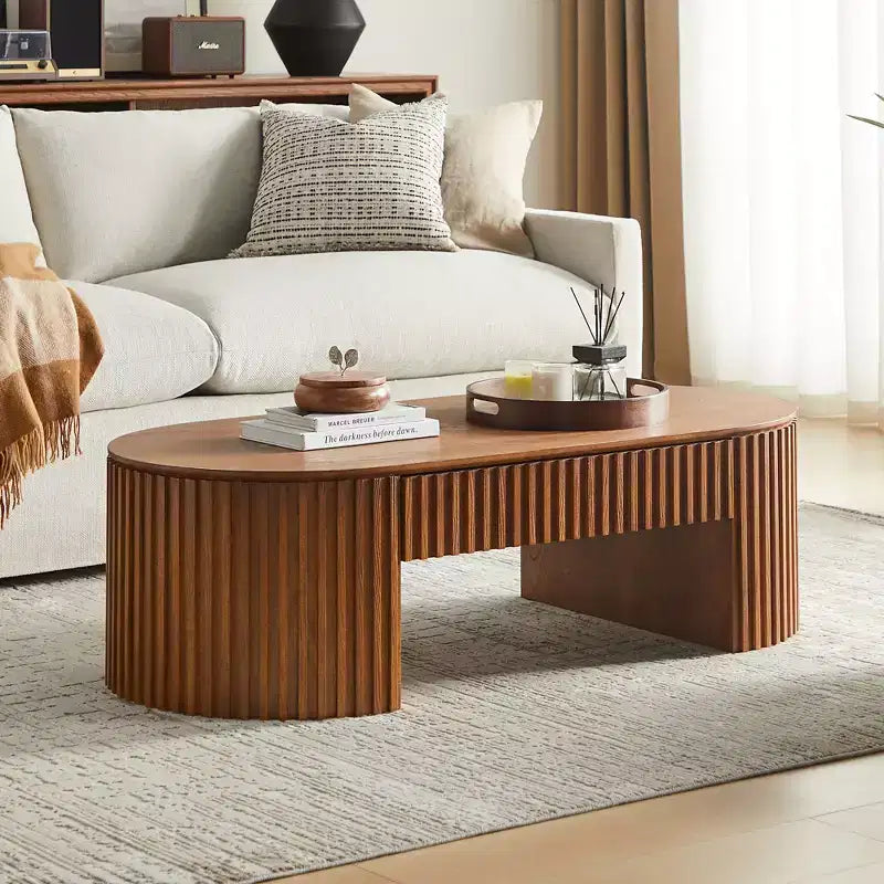 Modern Wooden Oval Pedestal Coffee Table with Drawer