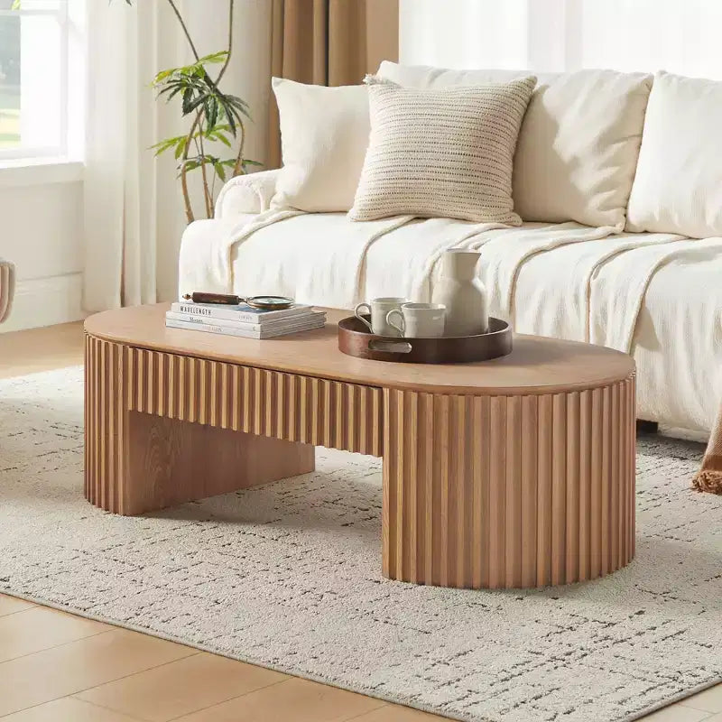 Modern Wooden Oval Pedestal Coffee Table with Drawer