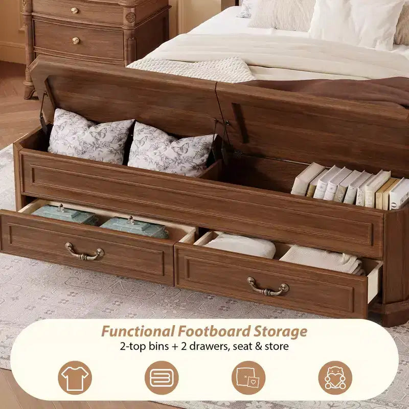 Farmhouse Style Pinewood Queen Size Bed with Storage Bench and 2 Large Drawers