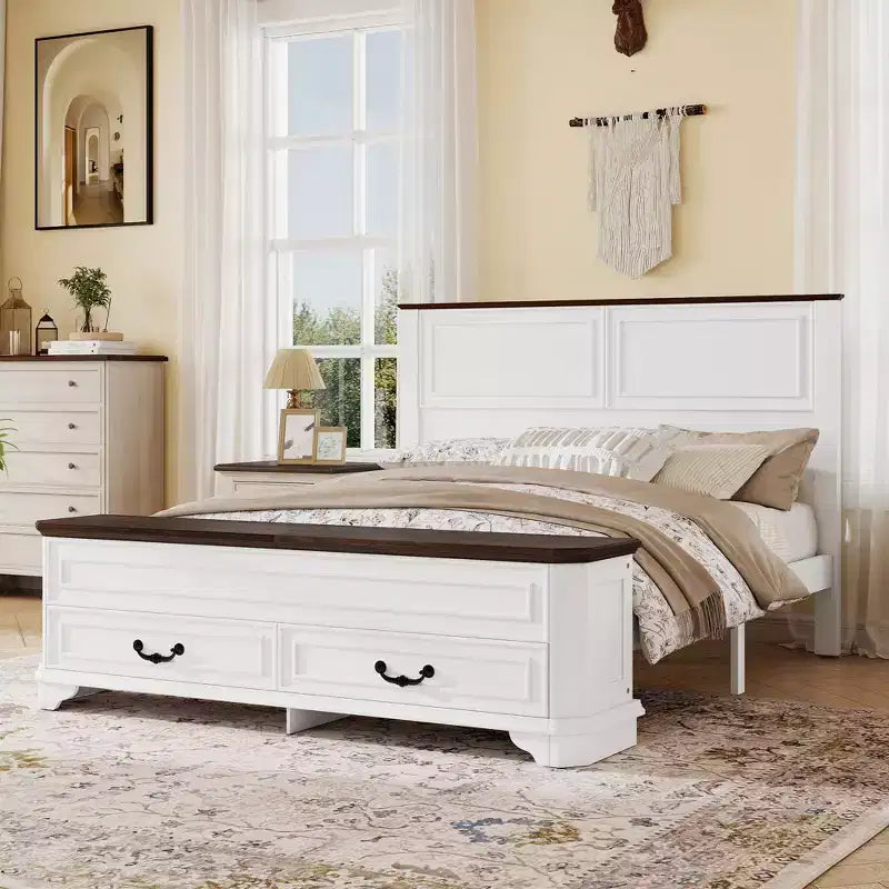 Farmhouse Style Pinewood Queen Size Bed with Storage Bench and 2 Large Drawers
