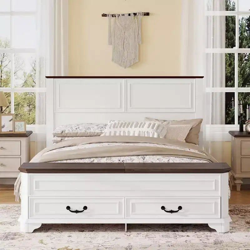 Farmhouse Style Pinewood Queen Size Bed with Storage Bench and 2 Large Drawers
