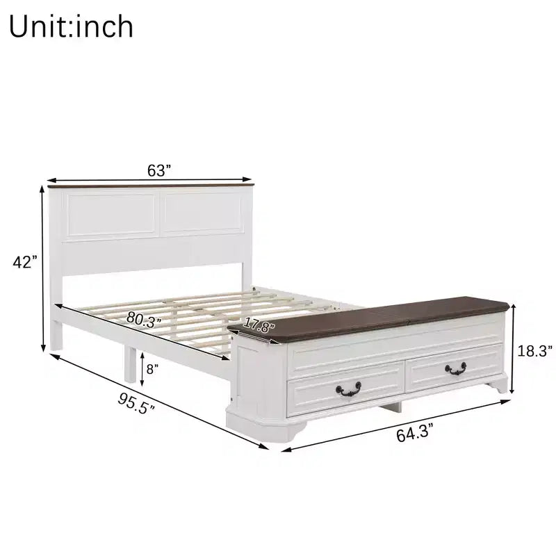 Farmhouse Style Pinewood Queen Size Bed with Storage Bench and 2 Large Drawers