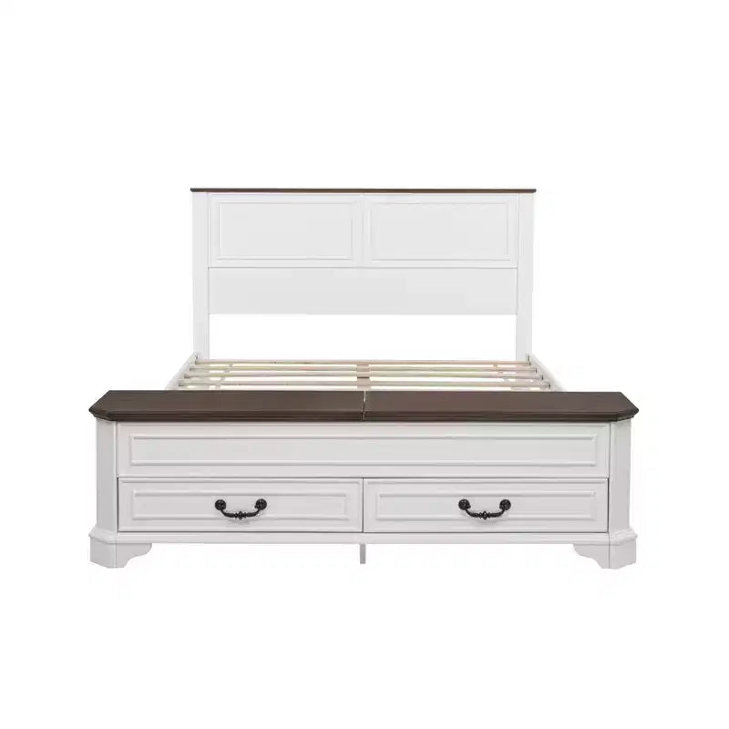 Farmhouse Style Pinewood Queen Size Bed with Storage Bench and 2 Large Drawers