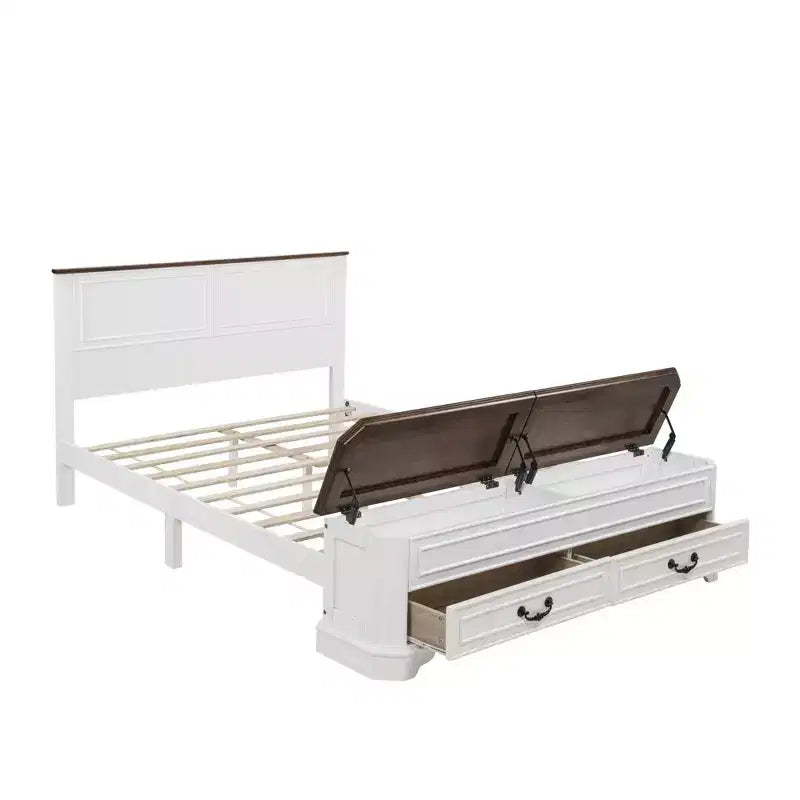 Farmhouse Style Pinewood Queen Size Bed with Storage Bench and 2 Large Drawers