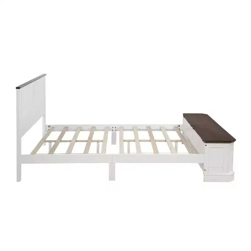 Farmhouse Style Pinewood Queen Size Bed with Storage Bench and 2 Large Drawers