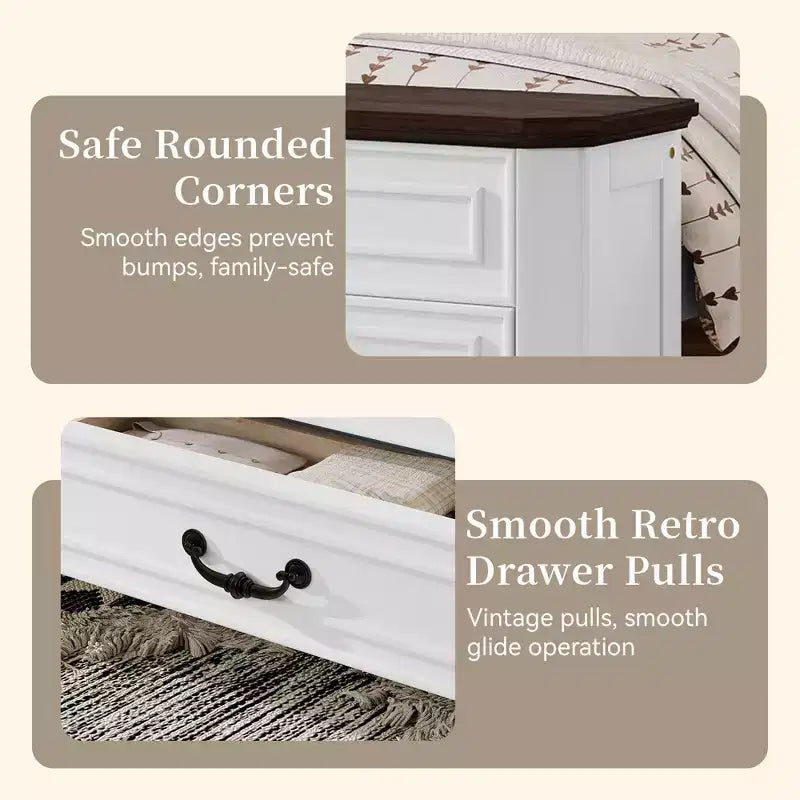 Farmhouse Style Pinewood Queen Size Bed with Storage Bench and 2 Large Drawers