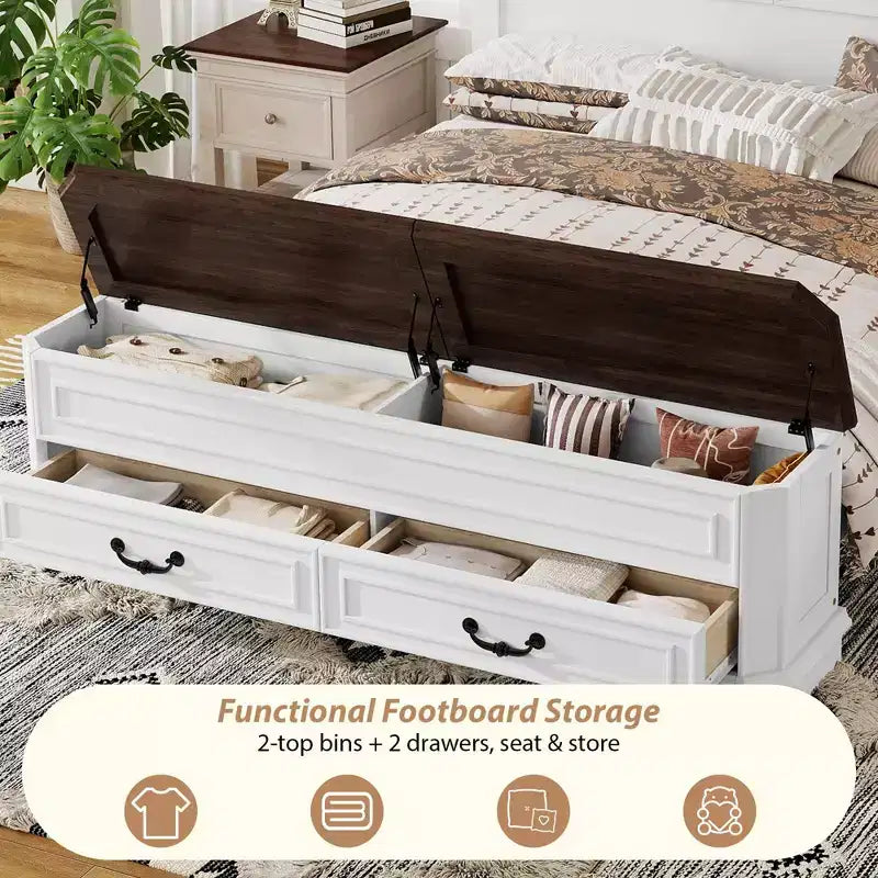 Farmhouse Style Pinewood Queen Size Bed with Storage Bench and 2 Large Drawers