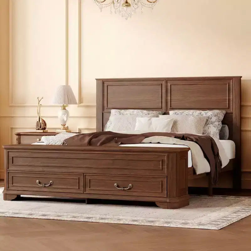 Farmhouse Style Pinewood Queen Size Bed with Storage Bench and 2 Large Drawers