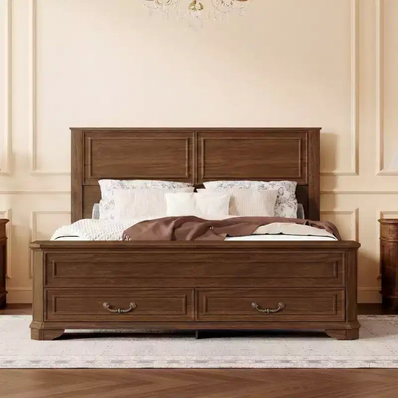 Farmhouse Style Pinewood Queen Size Bed with Storage Bench and 2 Large Drawers