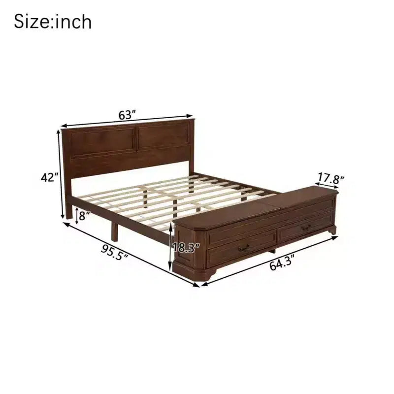 Farmhouse Style Pinewood Queen Size Bed with Storage Bench and 2 Large Drawers
