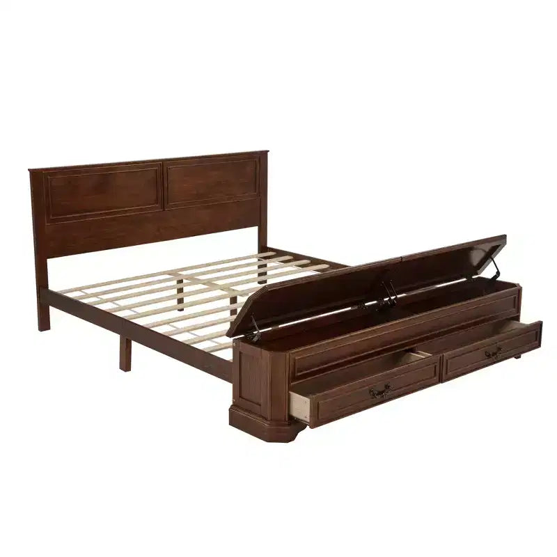 Farmhouse Style Pinewood Queen Size Bed with Storage Bench and 2 Large Drawers