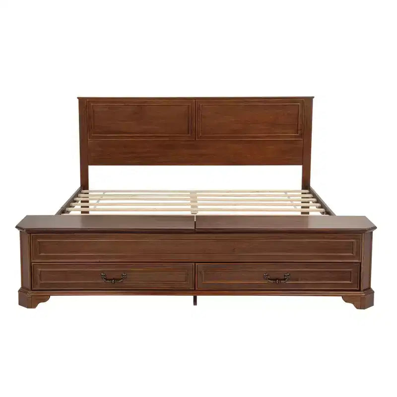 Farmhouse Style Pinewood Queen Size Bed with Storage Bench and 2 Large Drawers