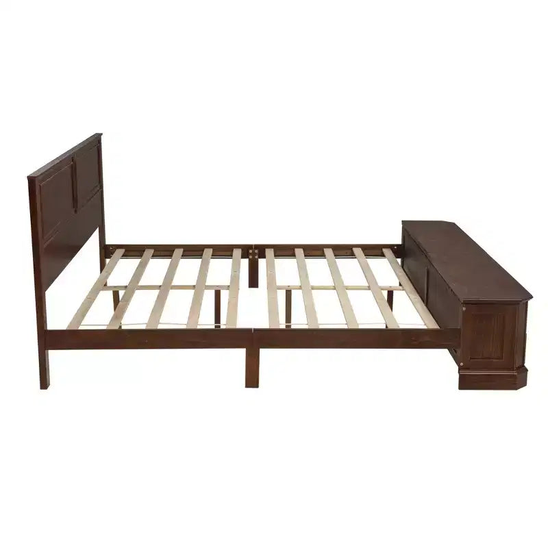 Farmhouse Style Pinewood Queen Size Bed with Storage Bench and 2 Large Drawers