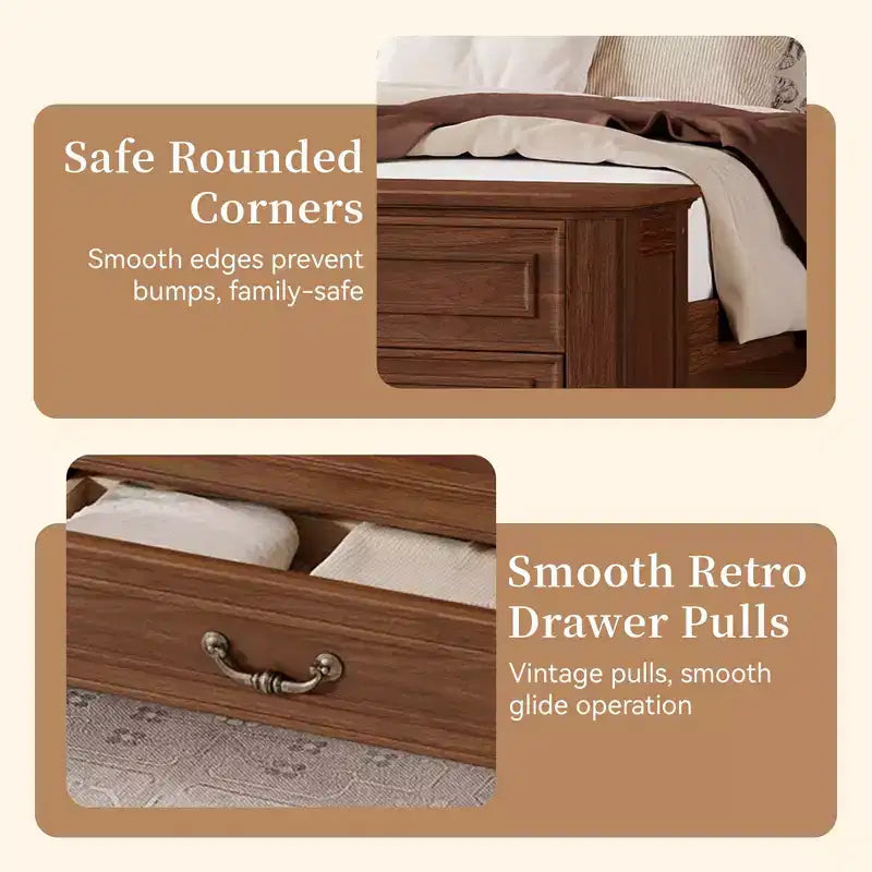 Farmhouse Style Pinewood Queen Size Bed with Storage Bench and 2 Large Drawers
