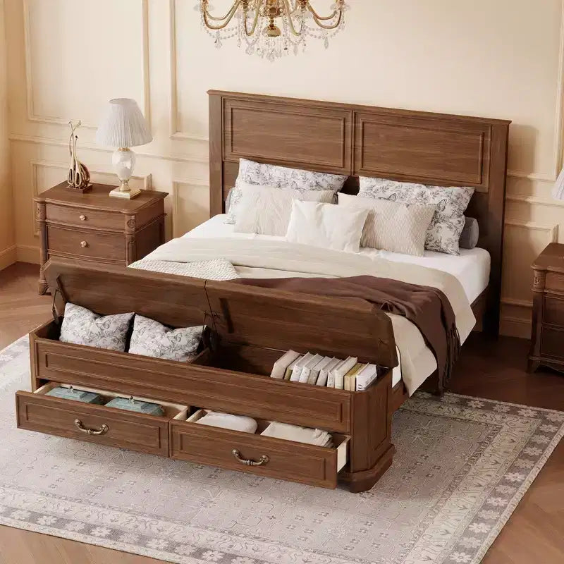 GDFStudio Leonard Farmhouse Style Pinewood Queen Size Bed with Storage Bench and 2 Large Drawers