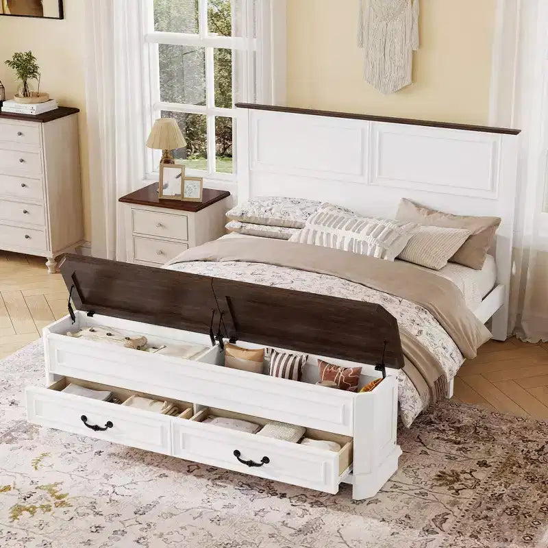 Farmhouse Style Pinewood Queen Size Bed with Storage Bench and 2 Large Drawers