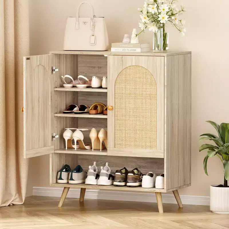 Natural Rattan Entryway Shoe Cabinet, 4-Tier Adjustable Shelves, Freestanding Storage Sideboard, Holds Up to 20 Pairs, for Hallway, Living Room