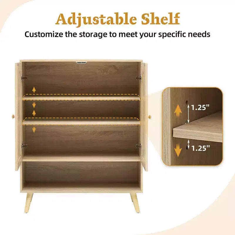 Natural Rattan Shoe Cabinet, 4-Tier Adjustable Shelves, Holds Up to 20 Pairs, for Hallway & Living Room