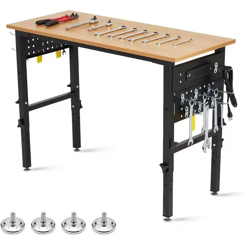 48 Heavy-Duty Hardwood Workbench with Power Outlets, 2200 lbs Capacity, Adjustable Height for Workshop, Garage & Commercial Use.