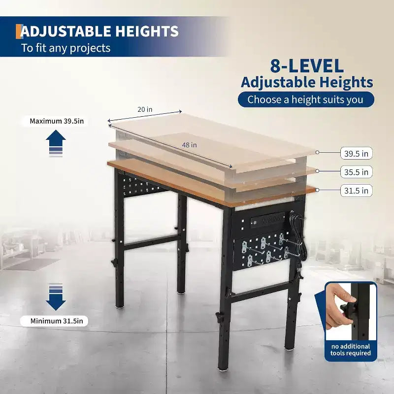48" Heavy-Duty Hardwood Workbench with Power Outlets – 2200 lbs Capacity, Adjustable Height